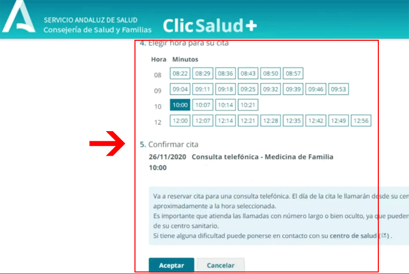 Elegir hora para la cita y la confirmamos ClicSalud+