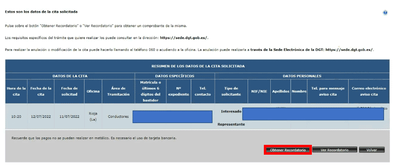 Obtener o ver los datos de la cita