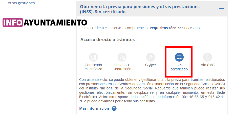 Obtener cita previa para pensiones y otras prestaciones (INSS). Sin certificado.